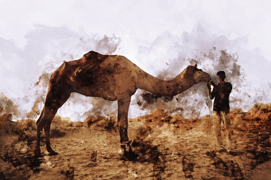 Abstract painting of camel in vintage tone, digital watercolor painting