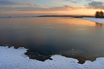 Lake Uvildy in november at sunset in late autumn, Southern Urals, Russia