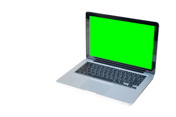 Laptop with chroma key green display isolated on white background