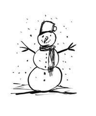 Black brush and ink artistic rough grunge hand drawing of smiling winter snowman.