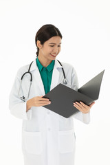 Female doctor wears uniform holding a folder.
