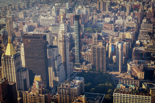 Manhattan Midtown buildings top view, toned image