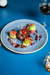 Fine dining Grilled steak with vegetables in restaurant, Professional gastronomy