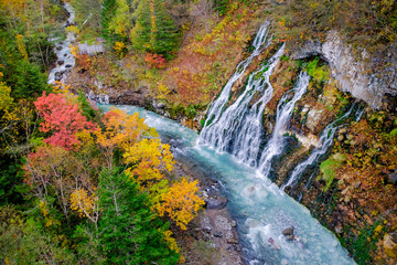 Shirahige Waterfall in Fall and Autumn Season, Hokkaido, Japan