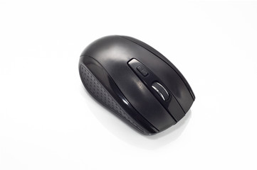 Black, wireless computer mouse on white background