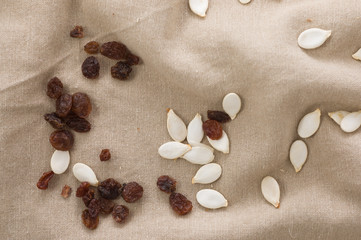 Raisins and pumpkin seeds, vegetarian food, healthy eating concept