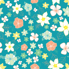 Vector seamless repeat floral pattern on blue background. Perfect for fabric, wallpaper, stationery and scrapbooking projects and other crafts and digital work