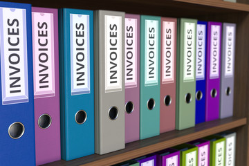 Office binders with INVOICES inscription. 3D rendering
