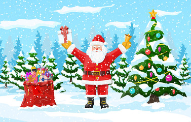 Christmas background. Santa claus with bag with gifts. Winter landscape with fir trees forest and snowing. Happy new year celebration. New year xmas holiday. Vector illustration flat style