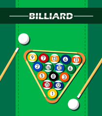 Illustration with billiards concept, on green background with balls, billiard cues and cue