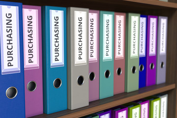 Office binders with PURCHASING inscription. 3D rendering