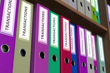 Office binders with TRANSACTIONS inscription. 3D rendering