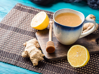 Lemon ginger hot tea drink with honey