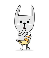 Funny little bunny kid with bottle. Flat cute cartoon animal illustration card