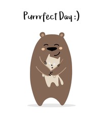 Happy teddy bear hugs his cat friend. Perfect day vector illustration cartoon card