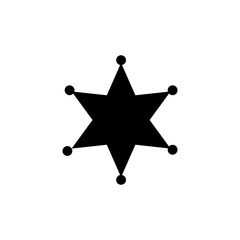 Sheriff star black symbol. Simple silhouette of six rays star with round tips.