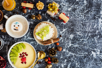 holiday breakfast, christmas or new year background with food 