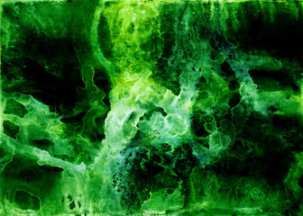 Hand drawn abstract ethereal artwork in acrylic and watercolor paints style with bright emerald green smudges, veil and bubbles on a black background