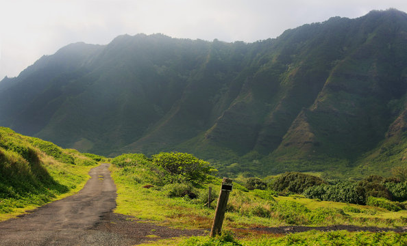 Road leading into Kaaawa Valley, Koolau Mountain Range, Oahu, Hawaii
