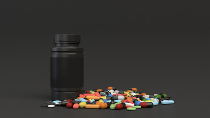 Blank black plastic bottle and pile of pills