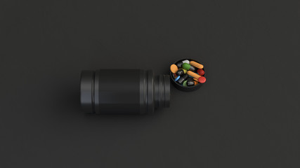 Blank black open plastic bottle with pills