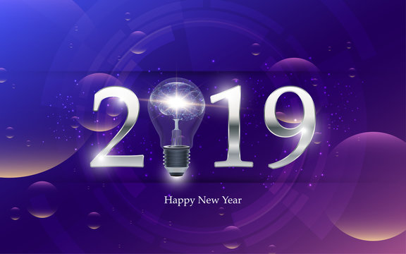 2019 Happy new year with light bulb on abstract background