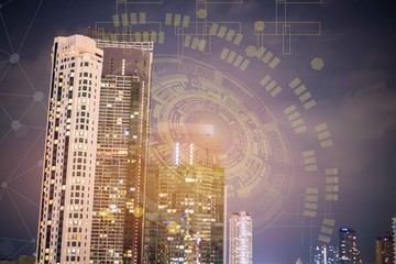 Smart City digital IOT network concept, Building business with graphical interface / atificial of internet of things. Communication technology of futuristic cities. Ideas for travel hi-tech in cities