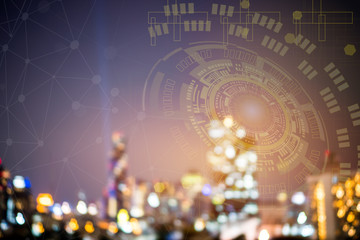 Smart City digital IOT Sci fi concept, Building business with graphical interface / atificial of internet of things. Communication technology of futuristic cities. Ideas for travel hi-tech in cities