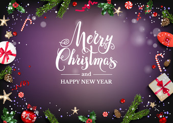 Holiday card with Christmas decorations and balls, stars, gift boxes, fir tree branches on dark background. Christmas festive template.