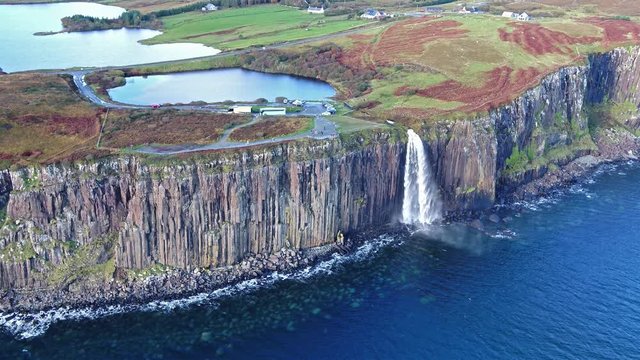 Aerial view of the dramatic coastline at the cliffs by Staffin with the famous Kilt Rock waterfall - Isle of Skye - Scotland