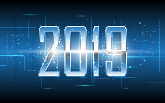 2019 Happy new year on technology abstract background