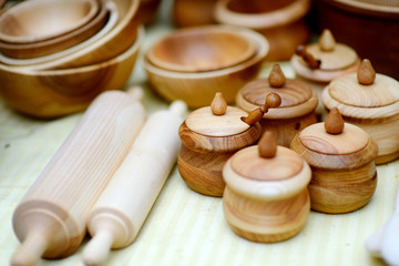 Wooden kitchenware and decorations sold on Easter market in Vilnius. Lithuanian capital's traditional crafts fair is held every March on Old Town streets