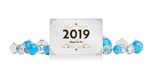 2019 card greetings laying on isolated blue white baubles 3D rendering