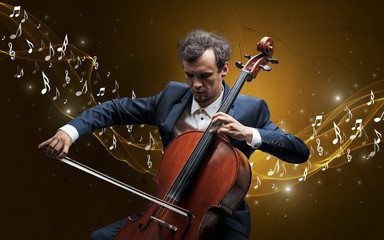 Lonely musical composer with cello and sparkling musical notes around