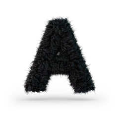 Uppercase fluffy and furry black font. Letter A. 3D