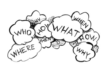 Black brush and ink artistic rough hand drawing of group of speech bubbles or text balloons with question.