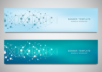 Vector banners and headers for site with DNA strand and molecular structure. Genetic engineering or laboratory research. Abstract geometric texture for medical, science and technology design.