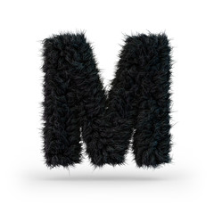Uppercase fluffy and furry black font. Letter M. 3D