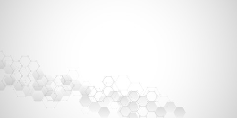 Geometric background texture with molecular structures and chemical engineering. Abstract background of hexagons pattern. Vector illustration for medical or scientific and technological modern design.