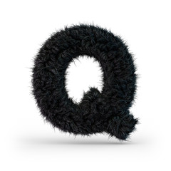 Uppercase fluffy and furry black font. Letter Q. 3D