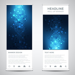 Roll up banner stands with DNA strand and molecular structure. Genetic engineering or laboratory research. Abstract geometric texture for medical, science and technology design.