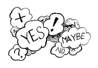 Black brush and ink artistic rough hand drawing of group of speech bubbles or text balloons with words and symbols like question or exclamation marks and representing uncertainty and decision.