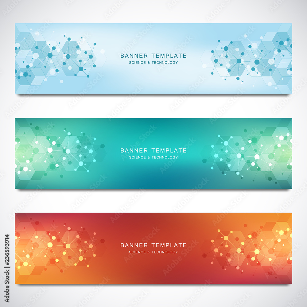 Wall mural vector banners and headers for site with molecules background and neural network. genetic engineerin