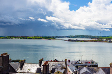 Aerial view of the estuary of the river Lee, from the city of Cobh, where transanlantics run