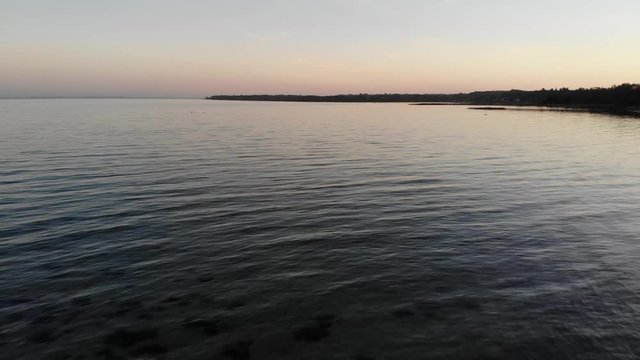Aerial view flying across the sea in Nyk&radic;&prod;bing Bugt with swimming and flying seabirds in a beautiful sunset