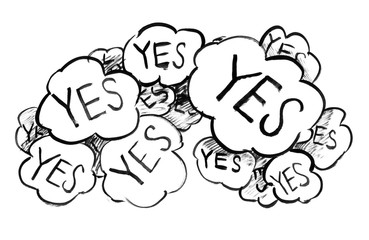 Black brush and ink artistic rough hand drawing of group of speech bubbles or text balloons with word Yes representing positive answer, acceptance or positivity.