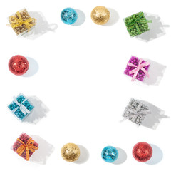 Merry Christmas and Happy New Year greeting card and frame. Flat lay. square format. Isolated white background.