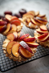 Close up of homemade crumble tarts with fresh plum slices placed on iron baking grill. Top lay on gray stone background with some whole plums, icing sugar, spoons on side