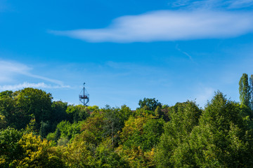 Obraz premium Germany, Killesbergturm the tower of Stuttgart quarter Killesberg behind green trees
