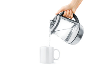 Blank white ceramic mug with hot teapot mock up, isolated